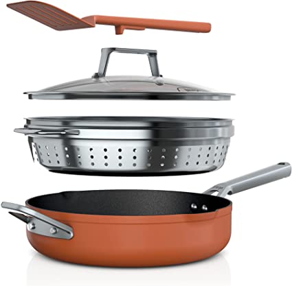 Ninja CW102CP Foodi NeverStick PossiblePan, Premium Set with 4-Quart Capacity Pan, Steamer/Strainer Basket, Glass Lid & Integrated Spatula, Nonstick, Durable & Oven Safe to 500°F, Smoked Paprika