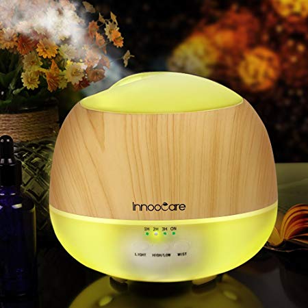 500ml Essential Oil Diffuser, InnooCare Aromatherapy Diffuser, Ultrasonic Cool Mist Wood Grain Humidifier with 7 Color Changing LED Lights and Timer Settings, Waterless Auto off