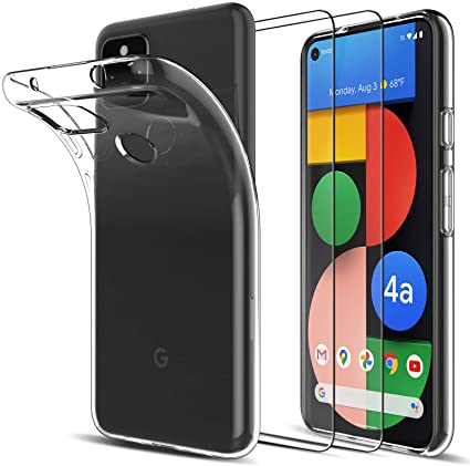 LK Case Compatible with Google Pixel 4a 5G 6.2 inch & 2 x Tempered Glass Screen Protector, Soft Premium TPU Shock-Absorption Silicone Transparent Protective Cover - Clear