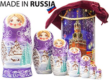 Russian Nesting Doll - "Winter`s Tale" - Hand Painted in Russia - MOSCOW KREMLIN GIFT BOX - Wooden Decoration Gift Doll - Traditional Matryoshka Babushka (8`` (7 dolls in 1), Purple)