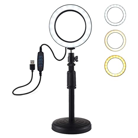 Chezaa 4.6" Selfie Ring Light With Desktop Stand Dimmable LED Circle Lighting Adjustable For Live Stream Video Photography Vlogging Desk Makeup 3 Light Modes
