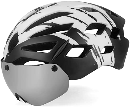 KINGBIKE Bicycle Helmet CPSC Certified Detachable Eye Shield Goggles(Silver Mirror Tint,100% UV400 Protection,Can Over The Glasses) + Helmet Backpack Men Women,Safety LED Light