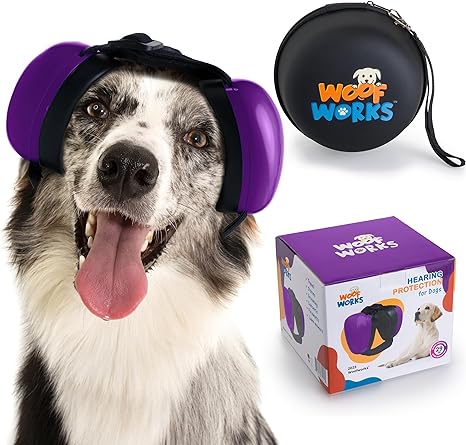 WoofWorks Dog Ear Muffs for Noise Hearing Protection, Soft Adjustable Fit with Neck Pad, Reduces Loud Sounds, Travel Case