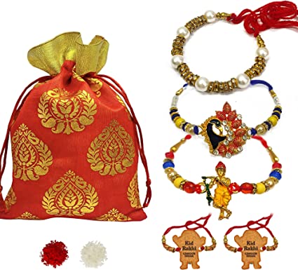 Craftsman 5 Pc Set of Designer Rakhi for Brother Bhaiya & Bhabhi Family Set with Lumba Loomba Kids Rakhi for Bhai with Roli Chawal, Soun Sticker & Greeting Card Handmade Thread Rakhdi Gift Set