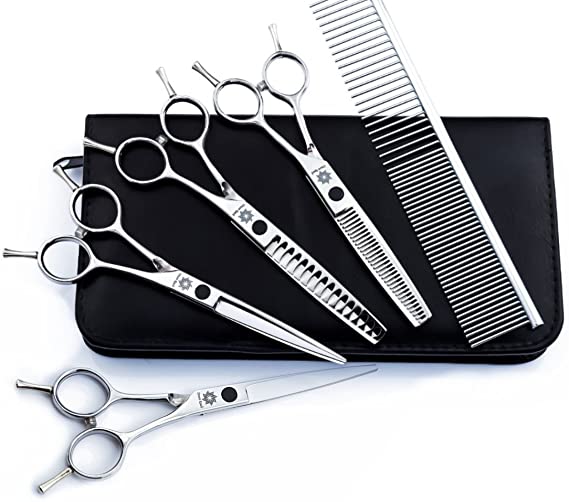 Dream Reach 6 inch 5pcs/Set Pet Scissors Dog Grooming Shears Set Straight/Curved/Thinning/Chunker Shears Grooming Comb-Twin Tail Animals Hair Cutting Tools Kit