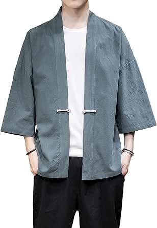 Men's Kimono Jackets Cardigan Casual Cotton Blends Linen Seven Sleeve Open Front Embroidery Coat