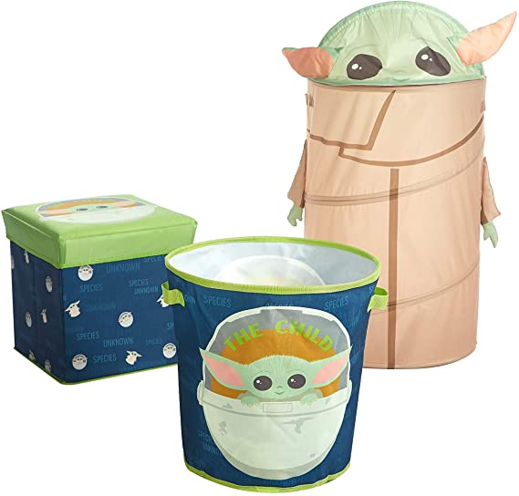 Idea Nuova Star Wars: The Mandalorian, The Child 3 Piece Collapsible Storage Set with Collapsible Ottoman, Bin and Figural Dome Pop Up Hamper (WK330485)