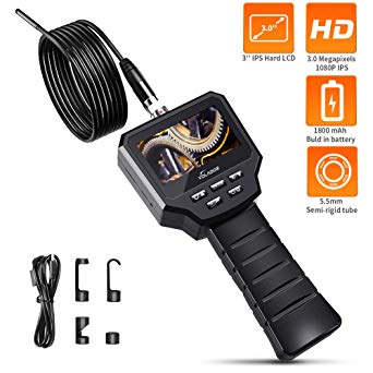 Inspection Camera, Volador 3 Million Pixels, 1080P Camera Resolution, 3 Inches IPS Color LCD Monitor Industrial Endoscope, 5.5mm Adjustable Light Handheld Borescope, IP67 Waterproof Endoscope Tube, 5M