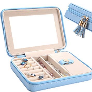 LE PAPILLION JEWELRY Jewelry Box Faux Leather Travel Jewelry Box Organizer | Elegant Outlook Display Storage Case with Large Mirror | Jewelry Box Gift for Women, Great Gift Idea(Blue)