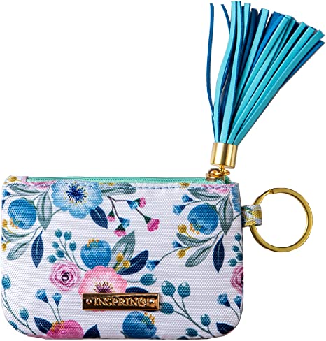 Inspring Zip ID Case Keychain Wallet ID Holder ID Badge Holder for Women Coin Purse with Tassel Floral Fabric