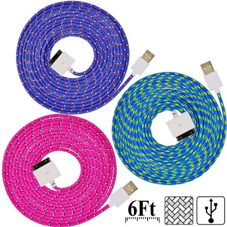 UNISAME [Pack of 3Pcs] 6Ft 2Meter Rugged 30 Pin USB Nylon Braided Charger Cord Charging & Sync Data Cable for iPhone 4 4S 3GS 3G, iPad 2, iPad 3, iPod Touch 1/2/3/4 (Purple/ Hot Pink/ Blue)