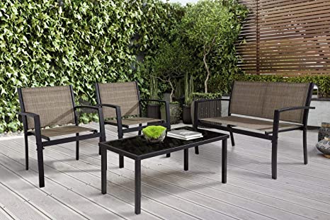 Greesum 4 Pieces Patio Furniture Set, Outdoor Conversation Sets for Patio, Lawn, Garden, Poolside with A Glass Coffee Table, Brown