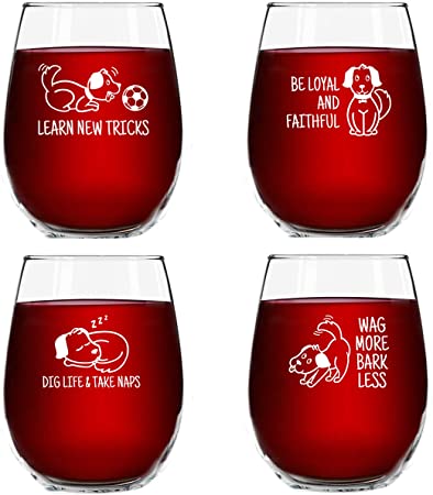 Dog Wisdom Novelty Stemless Wine Glasses Set of 4 | Funny Dog Themed Messages for Pet Owners and Wine Lovers | 15 oz. Funny Dog Wine Glass with Cute Messages | Dishwasher Safe | Made in USA