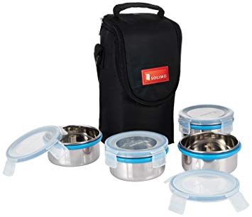 Amazon Brand - Solimo Stainless Steel Lunch Box Set with Bag, 300ml, 11cm Diameter, 4-Pieces, Clear Lid