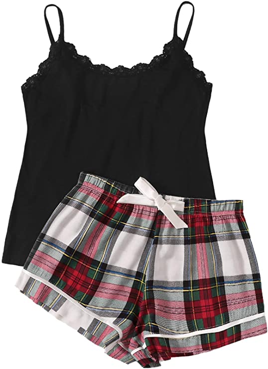 SweatyRocks Women's Sleepwear Set Letter Print Cami Top and Elastic Waist Short Pajama Set