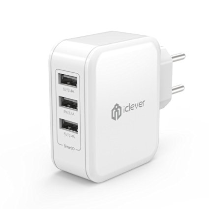 iClever BoostCube 36W 3-Port EU Plug USB Wall Charger with SmartID for iPhone 7, iPad, Galaxy Note 7, Nexus, HTC, LG and More