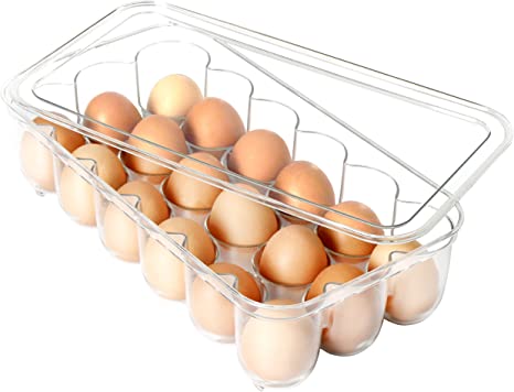 Youngever Plastic Egg Holder, Clear Fridge Organizer with Lid and Handles, 18 Eggs Tray