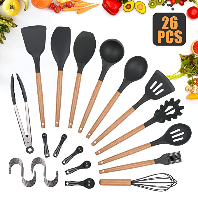 Kitchen Utensil Set Blusmart 26pcs Cooking Utensils Set Silicone Cooking Best Kitchen Gadgets Cookware Set Tool with Natural Wooden Handles Spatula BPA Free Non-Toxic Turner Tongs Spoon Set