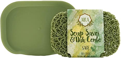 Aira Soap Saver - Soap Dish & Soap Holder Accessory - USA Made - BPA Free Shower & Bath Soap Holder - Drains Water, Circulates Air, Extends Soap Life - Fits All Soap Dish Sets - Sage Dish Combo