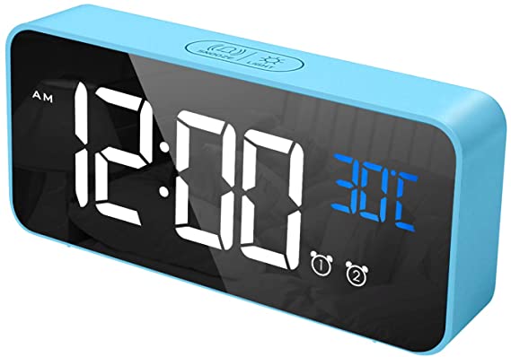 CHEREEKI Alarm Clock, Digital Clock with Temperature Display, Snooze, Battery Powered and USB Charging with Dual Alarms for Bedroom, Bedside, office& Travel (Blue)