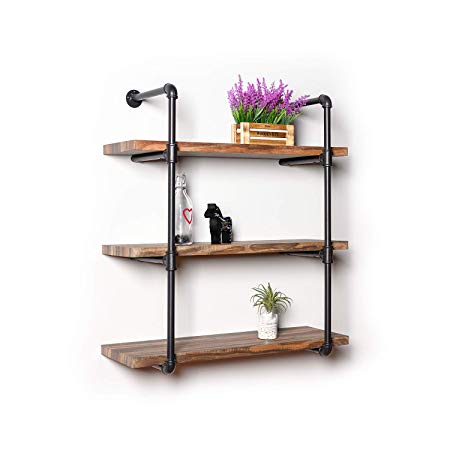 IRONCK Industrial Shelving Pipe Shelf 3-Tier, Wood and Metal Frame, Rustic Home Decor Wall Decor, Wall Shelves for Living Room,Bedroom, Bathroom, Kitchen