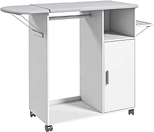 HOMCOM Mobile Asse da Stiro in Truciolato e Spugna con Piano d'Appoggio in Tessuto Effetto Lino, 3 Ripiani a Cubo e Guida per Appendere, 107x42.5x99 cm, Bianco