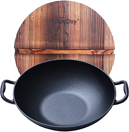 Keleday 14" cast iron wok with wooden cover, black shallow concave wok