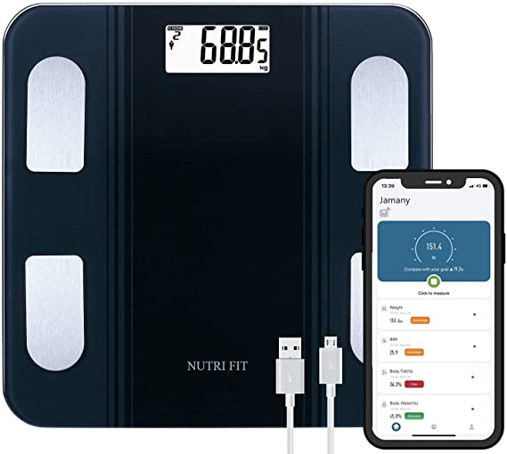 NUTRI FIT Rechargeable Body Fat Scale Smart Bluetooth Bathroom Scales Body Composition Monitor 28st/180kg/400lb Measuring with Smart APP for Fitness Tracking, 6 Colors LCD Display