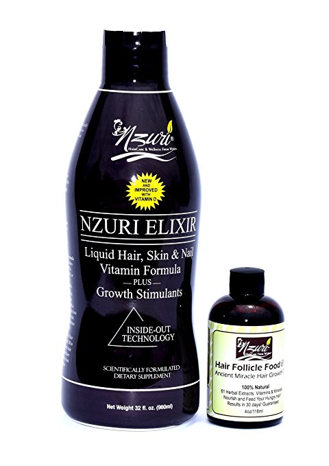 Nzuri Elixir Hair Skin and Nail with Vitamin D - 32 Oz   Nzuri Hair Follicle Food 61- Ancient Miracle Hair Growth Oil 4oz Vitamins to Make Hair Grow Long Intense Grow Long Hair Supplements Combo pack