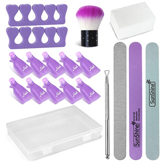 Nail Polish Remover Clips Set with Nail File, Cotton Pads, Finger Separators, Triangle Cuticle Peeler Scraper, Nail Brush Remove Dust Powder, Nail Clips for Removing Gel Polish (Purple1)
