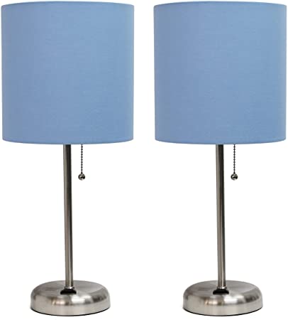Brushed Steel Stick Lamp with Charging Outlet and Blue Fabric Shade 2 Pack Set