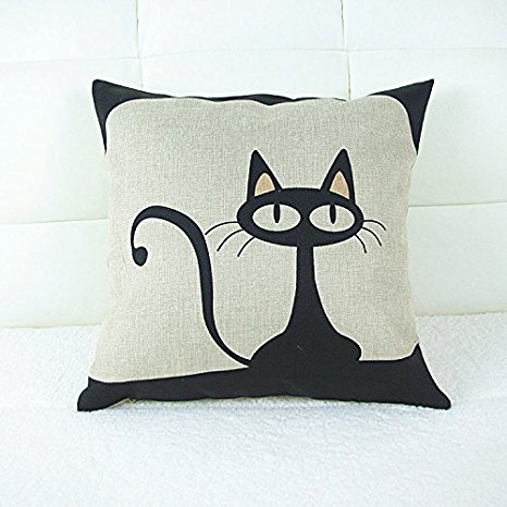 18 X 18 Inch Cotton Linen Decorative Throw Pillow Cover Cushion Case, Cartoon Black Cat