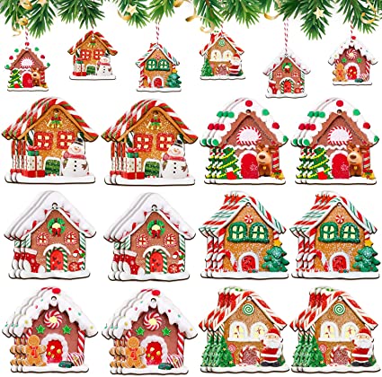 24 Pcs Gingerbread House Ornament Wooden Christmas Tree Ornament Rustic Farmhouse Gingerbread House Decor Decorative Hanging Ornaments Decorations Wood House Pendants for Xmas Holiday Party Favor