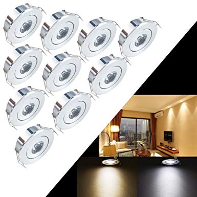 Elitlife 10 Pack CREE LED mini recessed lights 110 Lumens 1W 85-265V 50000H 2700K Under Cabinet Mini LED Downlights Silver Aluminum Light Shade & Acrylic Mirror (Warm White)