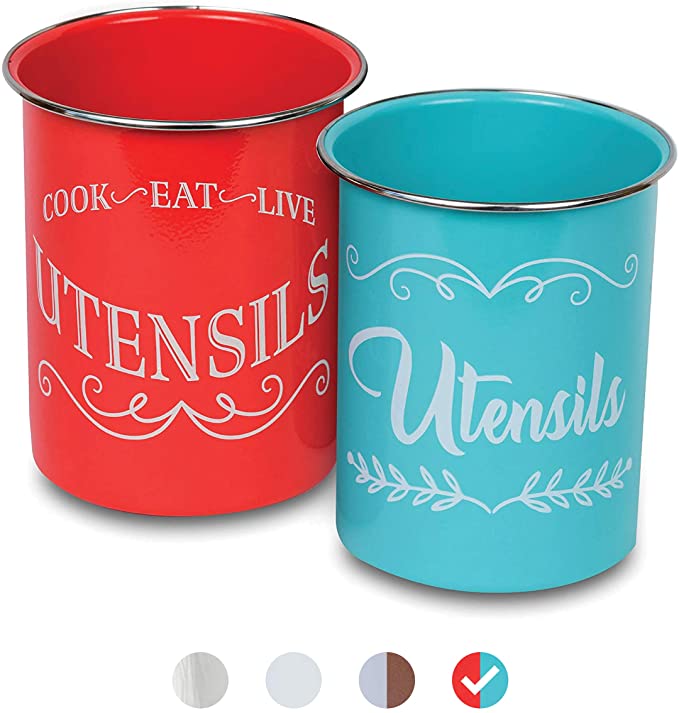 Rustic Kitchen Utensil Holders for Countertop Tool Storage, Set of 2, Red Teal Decorative Farmhouse Home Decor, Stainless Steel Canisters, Versatile Cutlery Caddy (Red Teal)