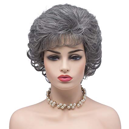 BESTUNG Ladies Silver Grey Short Curly Synthetic Full Hair Wigs Natural Wavy Fluffy Cosplay Grandma Costume Wig for Women (60/2#-Silver Grey)