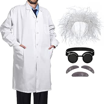 6 Pieces Mad Scientist Costume Set Back to The Future Halloween Costume Mad Scientist Wig Lab Coat for Adult