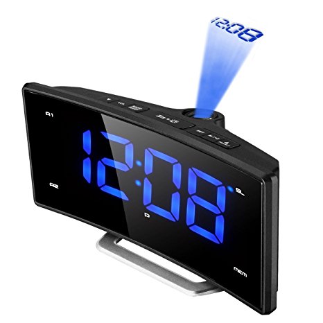 Projection Clock, [Curved-Screen] Pictek Projection Alarm Clock, LED Digital FM Clock Radio with Dual Alarms, 3.5" LED Display, USB Charging, Battery Backup