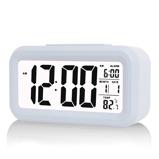 TOMTOO Alarm Clock Slim Digital Clock Large Display Travel Alarm Clock with Calendar & Large Display and Smart Night Light(white Backlight) Lcd Travel Alarm Clock and Home Alarm Clock (White)