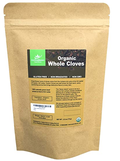 Organic premium hand picked whole cloves 2.5oz, Packed from a USDA Certified Organic Farm in Sri Lanka (stand up resealable pouch)