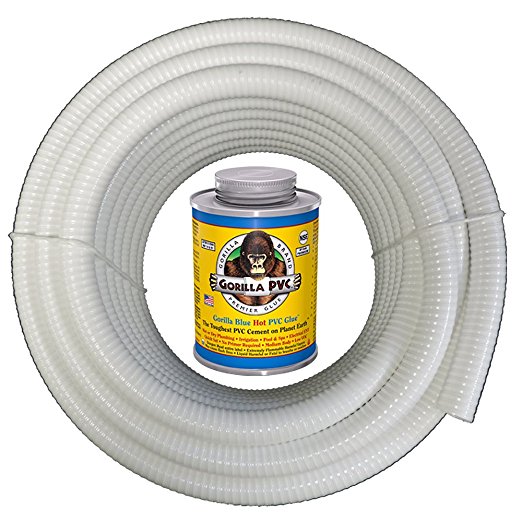 HydroMaxx 50 Feet x 1.5 Inch White Flexible PVC Pipe, Hose, Tubing for Pools, Spas and Water Gardens. Includes FREE 4oz can of Hot Blue PVC Gorilla Glue!
