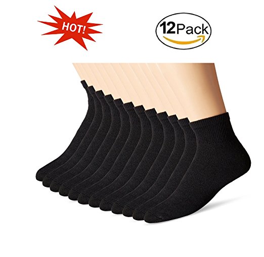 12 Pair Black Cotton Comfort Fit Cushion Sport Athletic Performance Quarter Sock