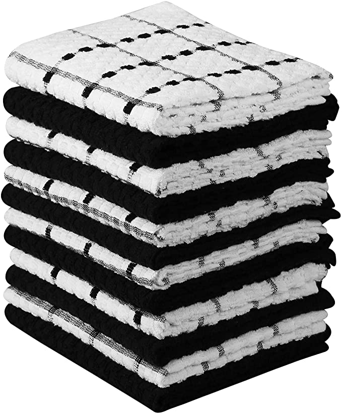 ZOYER Kitchen Towels 12 Pack - Pure Cotton Kitchen Towels,Dish Towels, Tea Towels and Bar Towels, Super Absorbent (15 X 25 Inches, Black & White)
