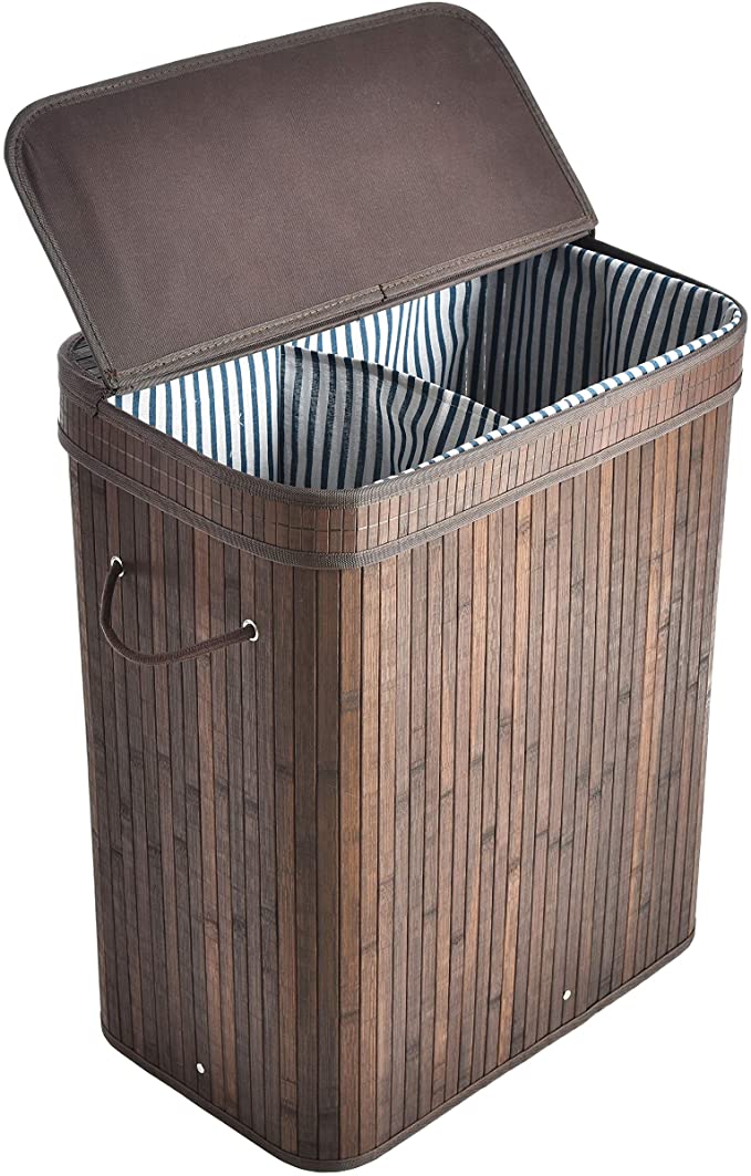 ALINK 100L Bamboo Laundry Basket with 2 Sections, XXL Tall Large Foldable Storage Hamper, Dirty Clothes Bin Box with Lid, Handles, Removable Liner, Rectangular, Brown