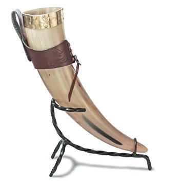 Viking Drinking Horn – 18oz Medieval Natural Handcrafted Horn with Leather Holder and Iron Stand by Nordic - Varied Colors