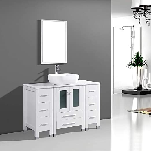 DodreHome 48" Modern Bathroom Vanity MDF Cabinet Combo with Ceramic Vessel Sink with Faucet and Pop Up Drain Set,Mirror Included,White Color