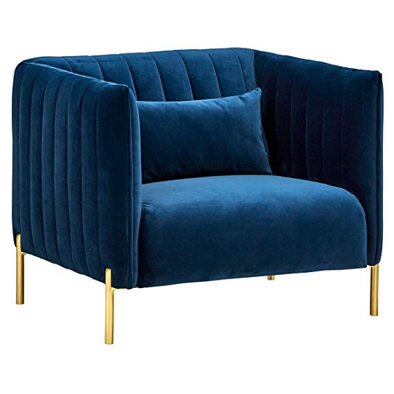 Rivet Frederick Velvet Channel Tufted Mid-Century Modern Living Room Chair, 38"W, Navy Blue