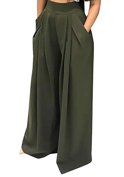 SHINFY Plus Size Wide Leg Pleated Palazzo Pants for Women - Loose Belted High Waist