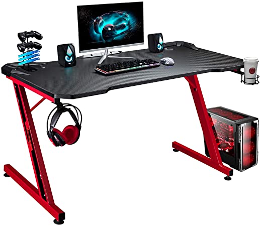 Greesum Gaming Desk, 44 Inch Home Office Computer Table, Z Shaped Gamer Workstation with Carbon Fiber Surface Cup Holder & Headphone Hook, Red