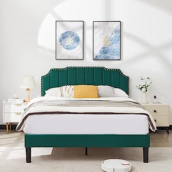 VECELO Queen Size Bed Frame Upholstered Platform with Tufted Adjustable Headboard/Mattress Foundation with Wood Slat Support, Easy Assembly,Dark Green